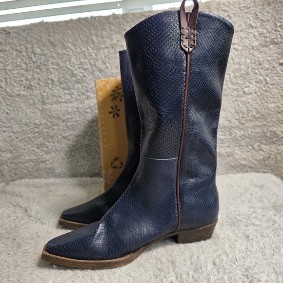 We the Free People Leather Cowboy Boots Oceano Blue Snake Embossed EU 41 10 NEW - Picture 2 of 11